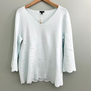 Talbots Sweater Cotton Blend 3/4 Sleeve Scalloped Hem V Neck Womens 1X Blue Gree